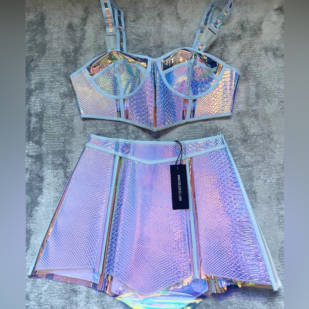 PVC Holographic Bustier and Skirt Set